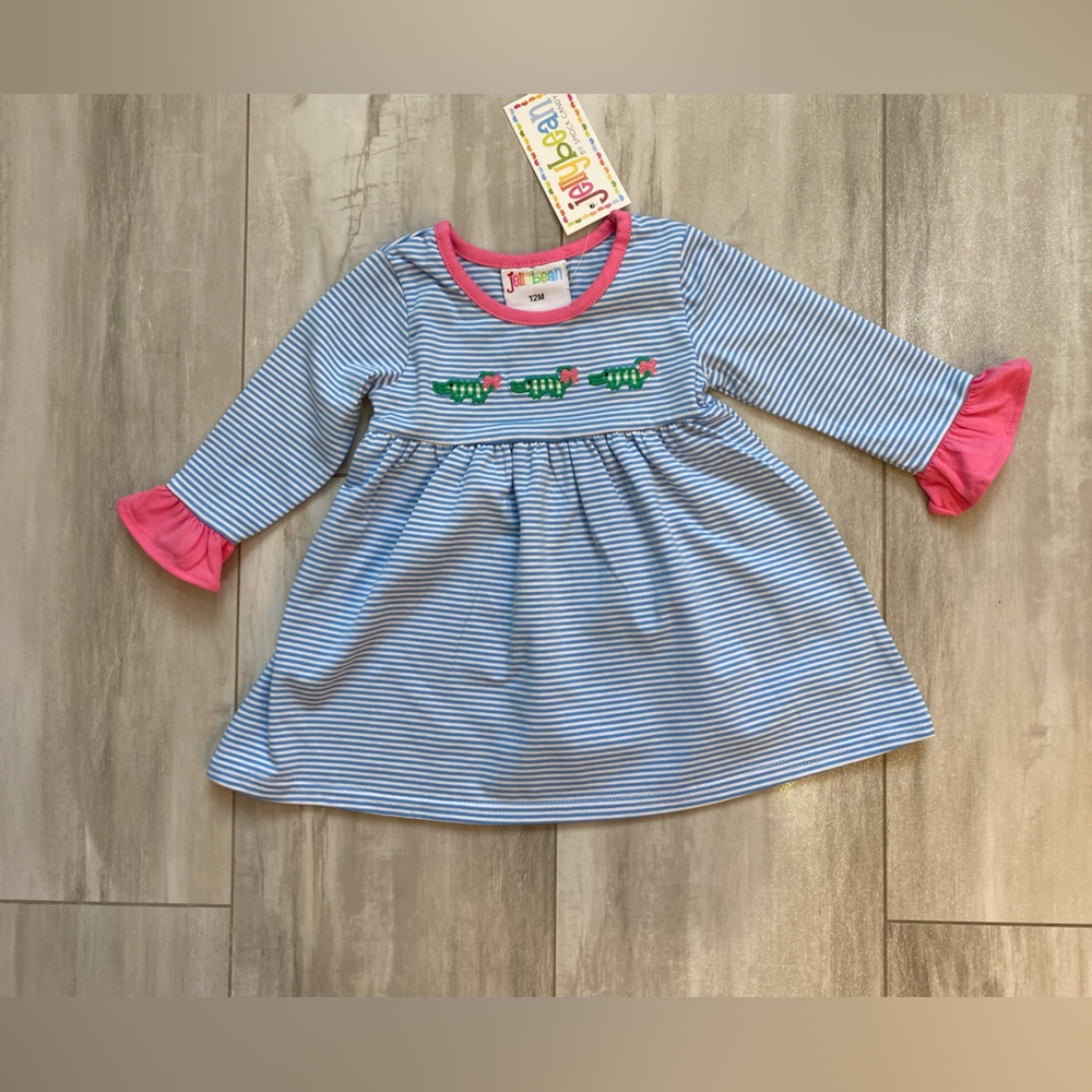 NWT Jellybean See Ya Later Blue Striped Alligator Dress with Pink Ruffle, 12M